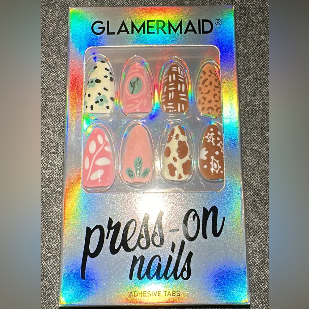 Glamermaid Press On  Nails. Long. Floral, Leopard, Cheetah Print Mix